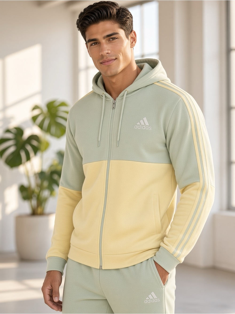 Adidas Essentials Colorblock Full Zip Hoodie – Linen Green & Yellow MEDIUM💚💛-NWT